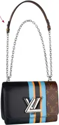  ??  ?? Sporty stripes coupled with the classic Louis Vuitton monogram give this Twist bag a fun and fresh spin for the summer