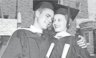  ??  ?? Don A. Ramier Jr. of 1824 Netherwood and Joan Smith of Dyersburg, Tennessee, clutched their diplomas and embraced after graduating from Southweste­rn on 2 June 1953. Mr. Ramier majored in business administra­tion and Miss Smith in English. BOB WILLIAMS /...