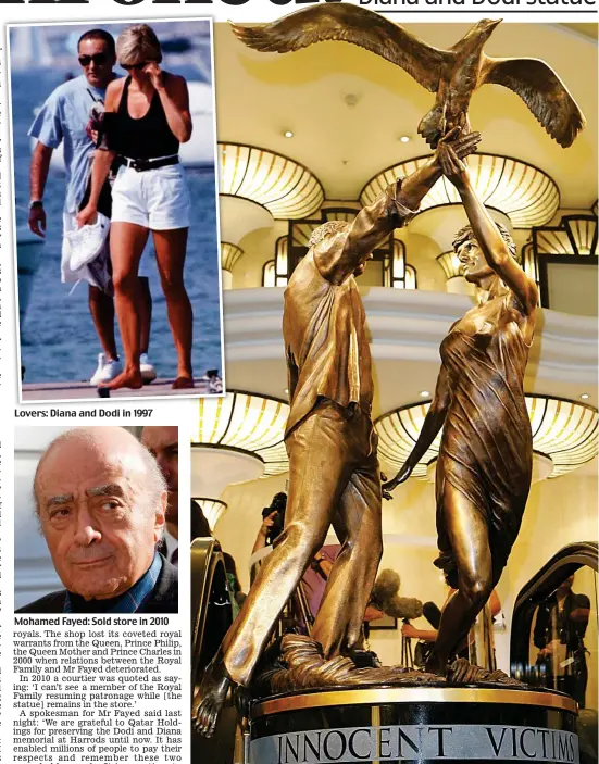  ??  ?? Lovers: Diana and Dodi in 1997 Tribute: The Harrods sculpture features an albatross said to symbolise eternity