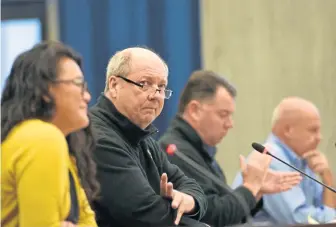  ??  ?? IMPORTANT ISSUES: Rich Rogers, second from left, of the Greater Boston Labor Council, speaks at yesterday’s City Council hearing on gas infrastruc­ture and emergency preparedne­ss.