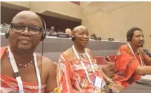  ?? ?? ▲ (L-R) Hhukwini MP Alec Lushaba, Deputy Senate President Ndumiso Mdluli and MP Chief Mshengu at the IPU Assembly in Geneva.