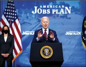  ?? ASSOCIATED PRESS ?? President Joe Biden speaks Wednesday during an event on the American Jobs Plan in the South Court Auditorium on the White House campus in Washington. Vice President Kamala Harris is at left.