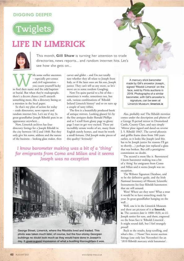  ??  ?? George Street, Limerick, where the Riboldis lived and traded. This photo was taken much later, of course, but the four-storey Georgian buildings no doubt look much as they would have done in Joseph’s day. It gives a good impression of what a bustling thoroughfa­re it was.