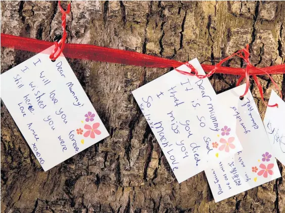  ?? Picture (main) / Christchur­ch Star ?? Notes to lost loved ones were attached to a tree opposite the Christchur­ch earthquake memorial wall and the wall itself (below).