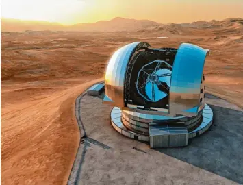  ?? Foto: L. Calçada/European Southern Observator­y/dpa ?? Das „Extremely Large Telescope“(ELT) im Norden von Chile soll das größte optische Teleskop der Welt werden. Bei diesem Bild handelt es sich um eine Computersi­mulation.