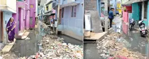  ?? ?? Residents navigating sewage filled Nalannan Street in Vellore