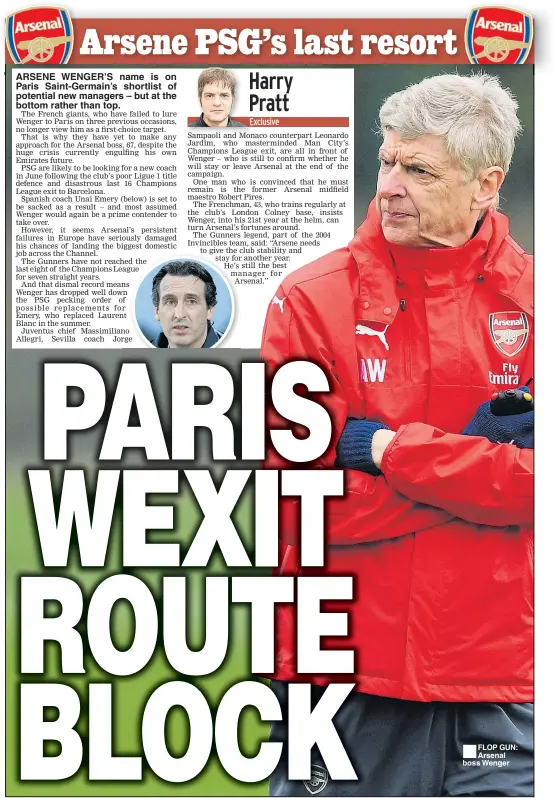  ??  ?? ARSENE WENGER’S name is on Paris Saint-Germain’s shortlist of potential new managers – but at the bottom rather than top. FLOP GUN: Arsenal boss Wenger