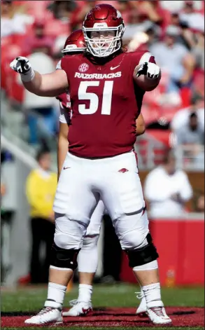  ?? AP/MICHAEL WOODS ?? Arkansas senior offensive lineman Hjalte Froholdt, who has made 34 consecutiv­e starts for the Razorbacks, will play his final home game Saturday against No. 7 LSU.