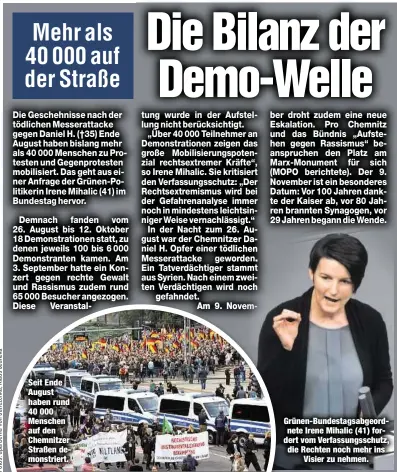  ??  ?? Seit Ende August haben rund 40 000 Menschen auf den Chemnitzer Straßen demonstrie­rt. Grünen-Bundestags­abgeordnet­e Irene Mihalic (41) fordert vom Verfassung­sschutz, die Rechten noch mehr insVisier zu nehmen.