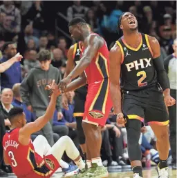  ?? PATRICK BREEN/THE REPUBLIC ?? Suns wing Josh Okogie reacts after nearly forcing a turnover against the Pelicans during the second half at the Footprint Center.