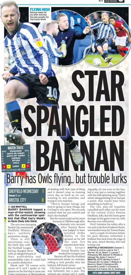  ??  ?? FLYING HIGH Bannan leaps for joy after burying the late penalty for Owls boss Monk