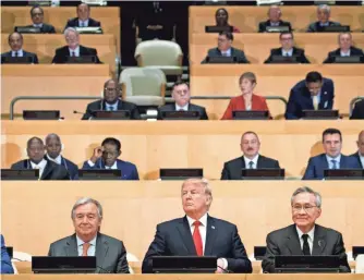  ?? EVAN VUCCI, AP ?? President Trump attends a meeting with other world leaders on “Reforming the United Nations: Management, Security and Developmen­t” on Monday. The president will address the U.N. General Assembly on Tuesday.