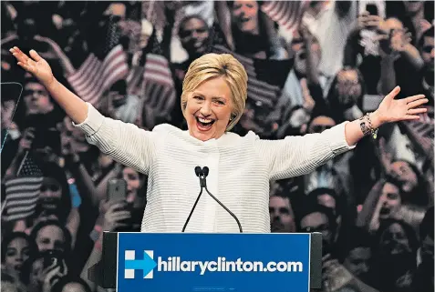  ??  ?? Hillary Clinton celebrates her success on the final Super Tuesday of the White House race. She said she was ‘really emotional’ after securing four out of six states available