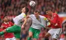  ?? ?? Dan Burn, Raphaël Varane and Fabian Schär compete for a high ball at Old Trafford. Photograph: Stu Forster/Getty Images