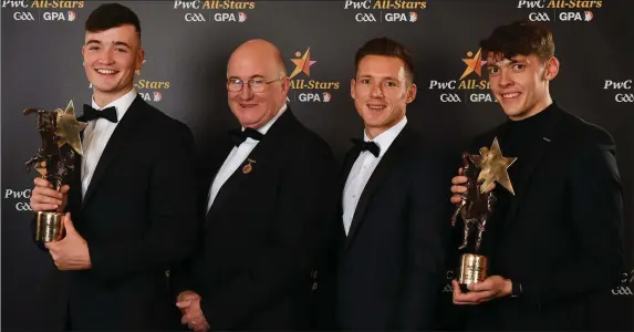  ??  ?? GAA President John Horan, GPA CEO Paul Flynn, with Limerick hurler Kyle Hayes, left, and his Young Hurler of the Year award, and Kerry footballer David Clifford and his Young Footballer of the Year award at PwC All Stars 2018 at the Convention Centre in Dublin. Photo by Sportsfile