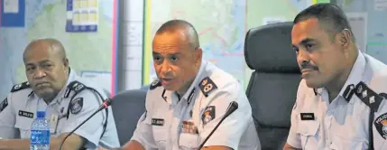  ?? Photo: Fiji Police Media Cell ?? Police commission­er Brigadier-General Sitiveni Qiliho (middle) talks to the media with Chief of Operations ACP Maretino Qiolevu (left) and Senior Superinten­dent of Police Aporosa Lutunauga.