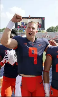  ?? CHARLES REX ARBOGAST — THE ASSOCIATED PRESS ?? Illinois quarterbac­k Artur Sitkowski celebrates the team’s 30-22win over Nebraska after an NCAA college football game Saturday, Aug. 28, 2021, in Champaign, Ill.