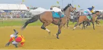  ?? JOHN MCDONNELL/WASHINGTON POST VIA AP ?? Jockey John Velazquez tumbles to the track after falling off Bodexpress as the field breaks from the starting gate Saturday at the Preakness Stakes.