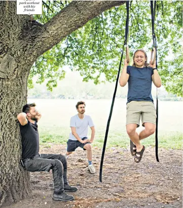  ??  ?? Tom Ough enjoys a park workout with his friends