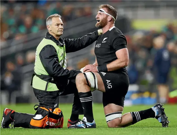  ?? GETTY IMAGES ?? Ireland brought Kieran Read quite literally to his knees during their famous win at Dublin at the weekend, a symbol that a once magnificen­t player is nothing like the player he used to be. Beside him is All Blacks doctor Tony Page.