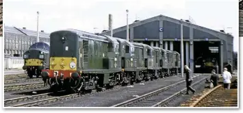  ?? COLOUR RAIL. ?? A view typical of the life of the North British design of Type 1, with half of the class stopped at Stratford shed awaiting attention. D8405 heads the line-up on March 23 1963. All were condemned having run for just ten years.