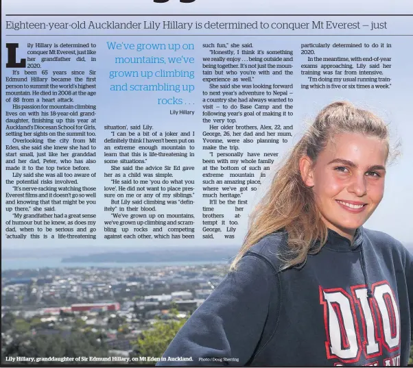  ?? Photo / Doug Sherring ?? Lily Hillary, granddaugh­ter of Sir Edmund Hillary, on Mt Eden in Auckland.