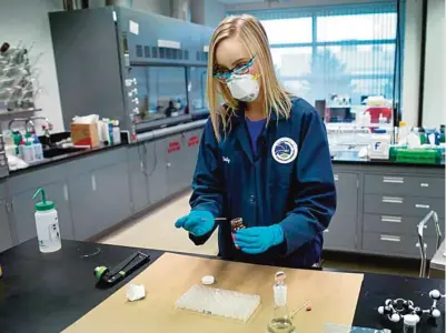  ?? —AP Photos ?? VIRGINIA: In this photo, Drug Enforcemen­t Administra­tion (DEA) Forensic Chemist Emily Dye, prepares a control reference sample of fentanyl at the DEA’s Special Testing and Research Laboratory in Sterling, Virginia.