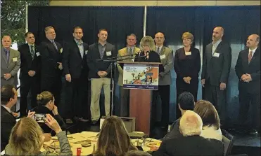  ?? JEREMY P. KELLEY / STAFF ?? Eleven of the 16 Montgomery County school superinten­dents attended the annual kindergart­en readiness summit on Friday. From left are Centervill­e’s Tom Henderson, Northmont’s Tony Thomas, New Lebanon’s Greg Williams, Vandalia-Butler’s Rob O’Leary, Mad...