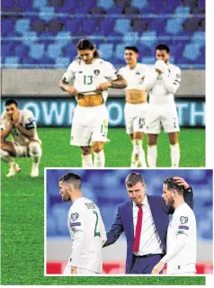  ?? VID PONIKVAR AND STEPHEN McCARTHY/ SPORTSFILE ?? So near and yet: Matt Doherty makes his way back to his Ireland team-mates after he missed his penalty in last night’s defeat to Slovakia; Inset, manager Stephen Kenny consoles Doherty (left) and Alan Browne