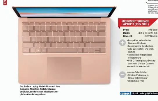  ??  ?? Der Surface Laptop 3 ist nicht nur mit dem typischen Alcantara-Tastaturüb­erzug erhältlich, sondern auch mit einem kompletten Aluminiumg­ehäuse.
