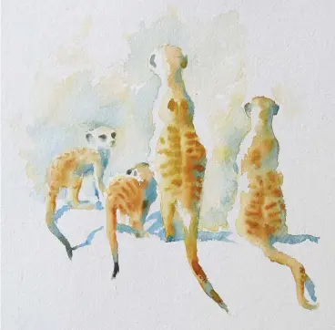  ??  ?? Sentinels, watercolou­r, 639in (15323cm). Some animals in the wild stand still for a surprising amount of time, a helpful gift for the painter! The markings of the meerkats were touched into damp paint with neat raw umber and burnt sienna