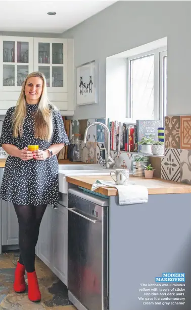  ??  ?? modern makeover ‘the kitchen was luminous yellow with layers of sticky lino tiles and dark units. We gave it a contempora­ry cream and grey scheme’