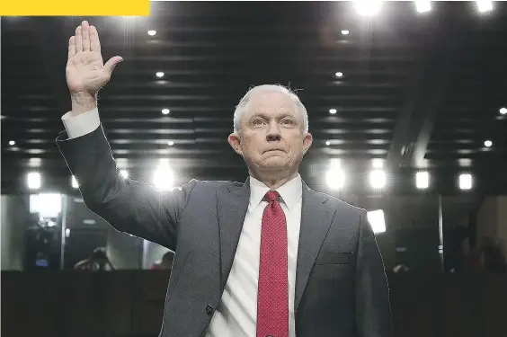  ?? ALEX WONG / GETTY IMAGES ?? U.S. Attorney General Jeff Sessions is sworn-in prior to testifying before the Senate Intelligen­ce Committee on Capitol Hill Tuesday.