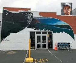  ?? PHOTO: BEVAN HASWELL/STUFF ?? The New Zealand falcon depicted at the back of a pet shop by artist Tane Lawless, inset, for the 2017 Graffiato: Taupo Street Art Festival.