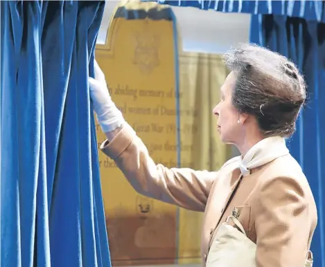  ??  ?? THE Princess Royal visited Dundee to unveil a permanent tribute to the city’s seafarers from the First World War.
Before a congregati­on of more than 100 people in St Mary’s, Dundee Parish Church, she pulled back blue curtains to reveal a brass and...