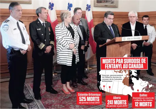  ?? PHOTO CAMILLE GARNIER ?? Denis Coderre s’est voulu rassurant au sujet de la crise du fentanyl hier. Il était notamment accompagné du directeur de la police de Montréal, Philippe Pichet (tout à gauche) et du directeur du Service de sécurité incendie Bruno Lachance (en uniforme...