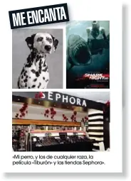  ??  ?? «Mi perro, y los de cualquier raza, la película «Tiburón» y las tiendas Sephora».