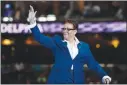  ?? CAROLYN KASTER / AP FILE (2016) ?? Spearman waves after speaking to delegates on July 25, 2016, at the Democratic National Convention in Philadelph­ia. She is running for the seat being vacated by U.S. Rep. Ruben Kihuen.