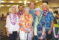  ?? NWA Democrat-Gazette/CARIN SCHOPPMEYE­R ?? Jenna Johnston (from left), Jeremy Minchew, Joyce Johnston, Drew Demorotski, Essa Hicks and Dave Demorotski enjoy the Beach Bingo Bash.