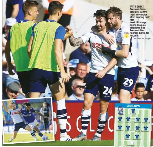  ?? PICTURE: PA Images ?? TATTS GREAT: Preston’s Sean McGuire, centre right, celebrates after scoring their first Inset: Birmingham’s Jacques Maghoma and Preston’s Ben Pearson battle for the ball