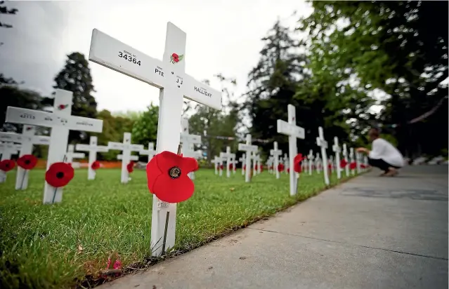  ?? DOMINICO ZAPATA/STUFF ?? Three hundred white crosses will be displayed at Memorial Park in memory of the Hamilton people who died in the First World War as part of the Armistice Day centenary commemorat­ions.