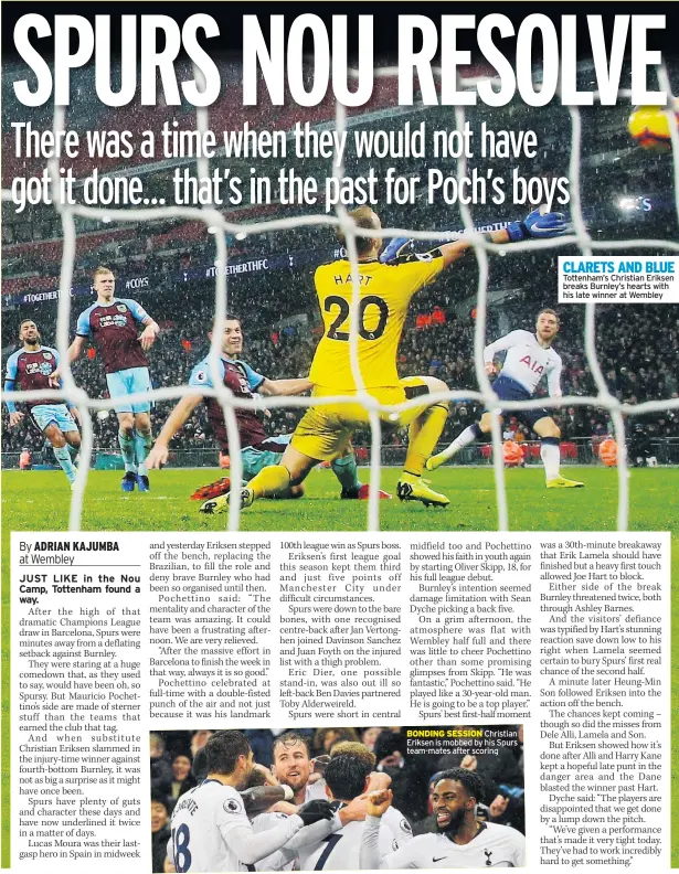  ??  ?? BONDING SESSION Christian Eriksen is mobbed by his Spurs team-mates after scoring CLARETS AND BLUE Tottenham’s Christian Eriksen breaks Burnley’s hearts with his late winner at Wembley