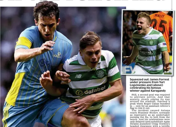  ??  ?? Squeezed out: James Forrest under pressure from Yuri Logvinenko and (above) celebratin­g his famous winner against Karagandy
