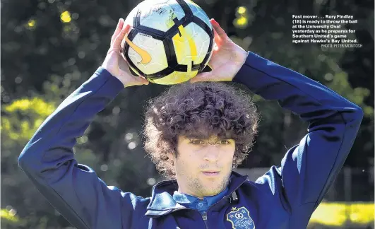  ?? PHOTO: PETER MCINTOSH ?? Fast mover . . . Rory Findlay (18) is ready to throw the ball at the University Oval yesterday as he prepares for Southern United’s game against Hawke’s Bay United.