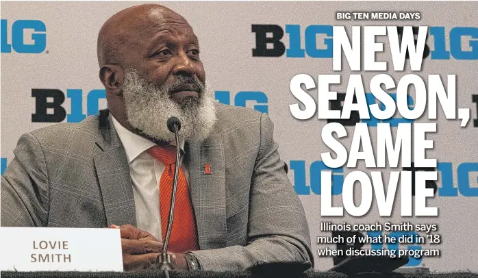 ?? ANNIE COSTABILE/SUN-TIMES ?? Illinois coach Lovie Smith fields questions about expectatio­ns for his program during Big Ten media days Thursday at the Hilton Chicago. Smith has a 9-27 record in three seasons at the school.