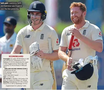  ?? PICTURE: SRI LANKA CRICKET ?? Safe pair: Lawrence (left) and Bairstow saw England over the line yesterday