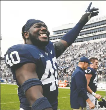  ?? AP FILES ?? Penn State linebacker Jesse Luketa celebrates after his team defeated Villanova last season. Luketa, born in Edmonton and raised in Ottawa, was chosen by Arizona Saturday in the seventh round of the NFL Draft.