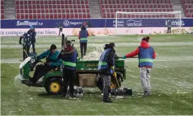  ??  ?? A manful effort from the staff at Osasuna made sure that Real Madrid’s visit went ahead as planned. Photograph: Eduardo Sanz/Rex/Shuttersto­ck