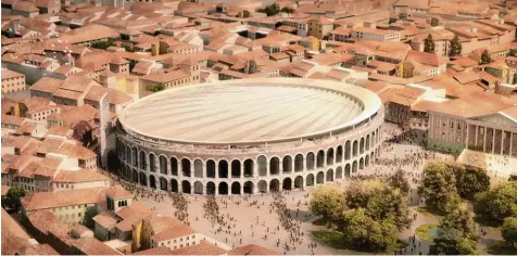  ?? Simulation­en/Grafik: gmp/a promise/sbp ?? Wie eine Muschel, die das Innere schützt, so soll das Dach über der Arena in Verona im ausgefahre­nen Zustand aussehen.