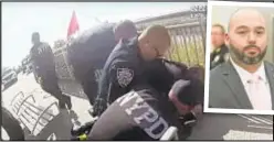  ??  ?? Before his arrest Sunday for reckless discharge of his gun, Officer David Afanador (inset) was arrested in June for applying an illegal chokehold to someone on the Rockaway Beach Boardwalk (above) in Queens.